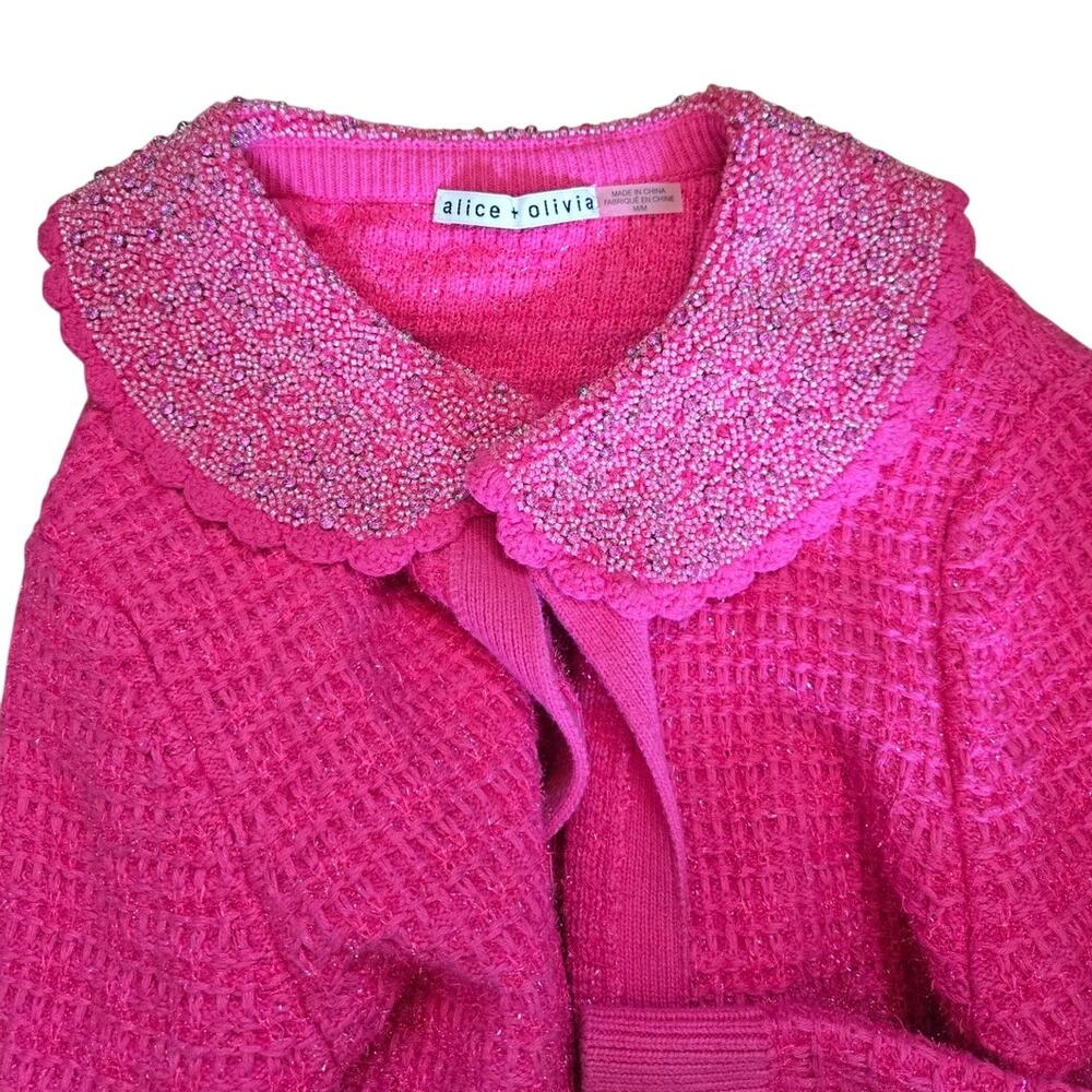 Alice + Olivia Akira Cropped Embellished Pink Tinsel Waffleknit Cardigan Medium - Picture 7 of 7